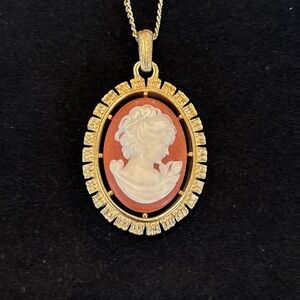 Gold Cameo Pendant Necklace in Coral and White